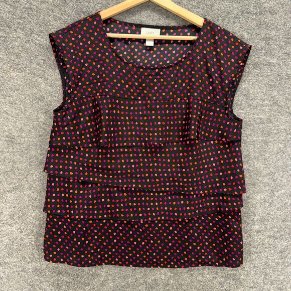 Loft Blouse Women L Large Black Geometric Ruffle Sleeveless Wide Strap Casual - Picture 1 of 7